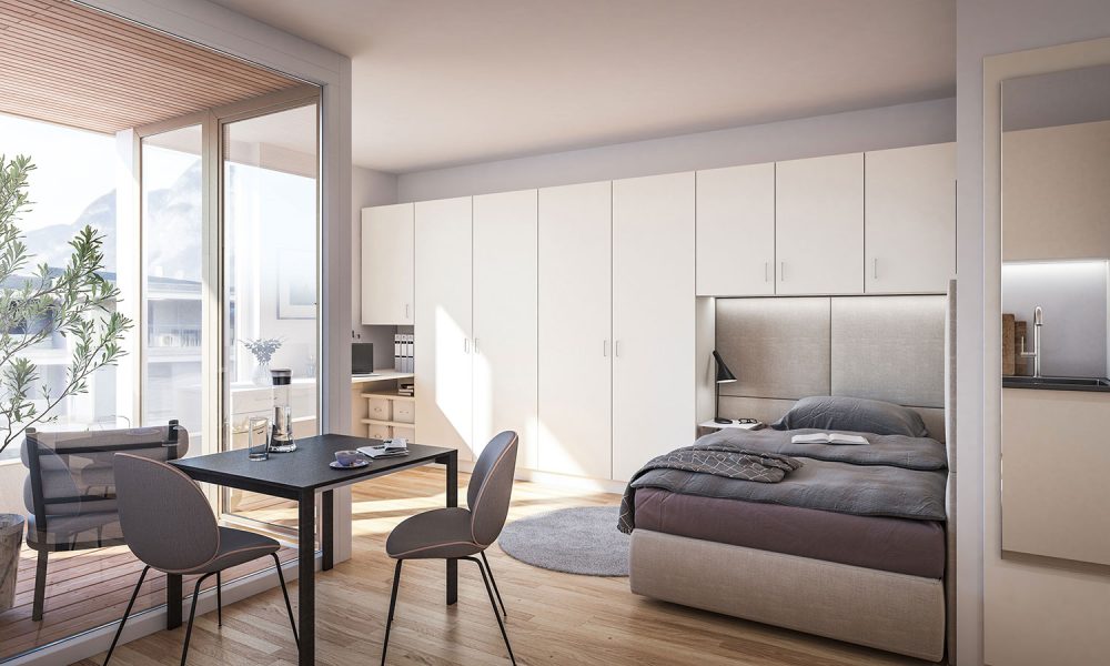 Innenvisualisierung möbliertes Micro Apartment im Stadt Carré in Innsbruck