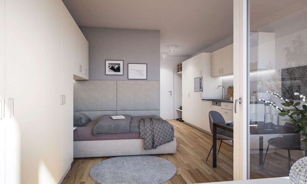 Innenvisualisierung möbliertes Micro Apartment im Stadt Carré in Innsbruck Blickrichtung vom Balkon aus