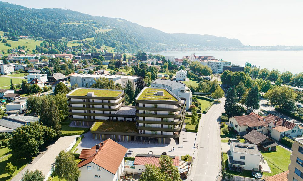 Visualisierung Luftaufnahme ZIMA Wohnprojekt Bäumle in Lochau mit Umgebung am Bodensee