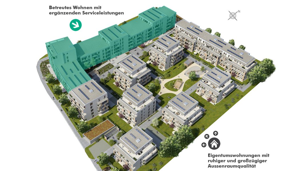 Hausübersicht Visualisierung Neubauprojekt Römertor mit Kennzeichnung der Baukörper Johanniter Quartier