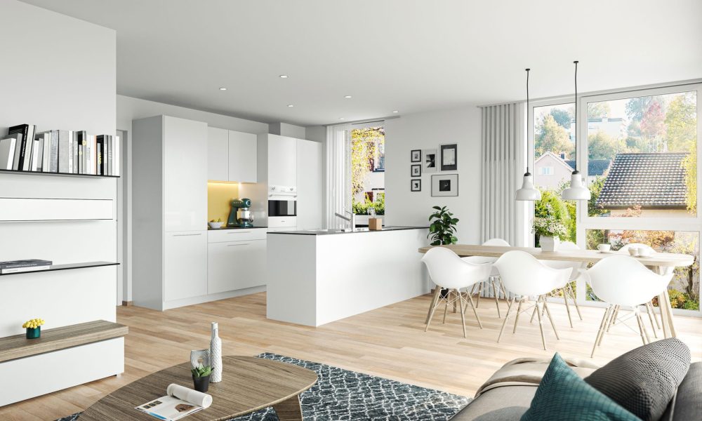 Innenvisualisierung Wohnraum mit Fokus auf Küche Eigentumswohnung Lehnstrasse St. Gallen