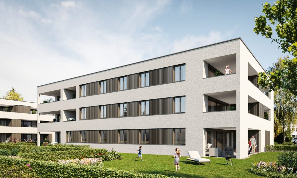 Visualisierung Rückansicht Fassade mit Holzelementen Eigentumswohnungen Lange Mähder in Dornbirn