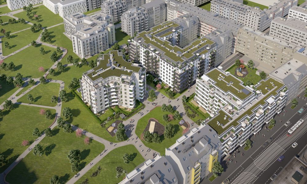Visualisierung Luftaufnahme Wohnprojekt Kirschblüte im Kirschblütenpark in Wien-Donaustadt