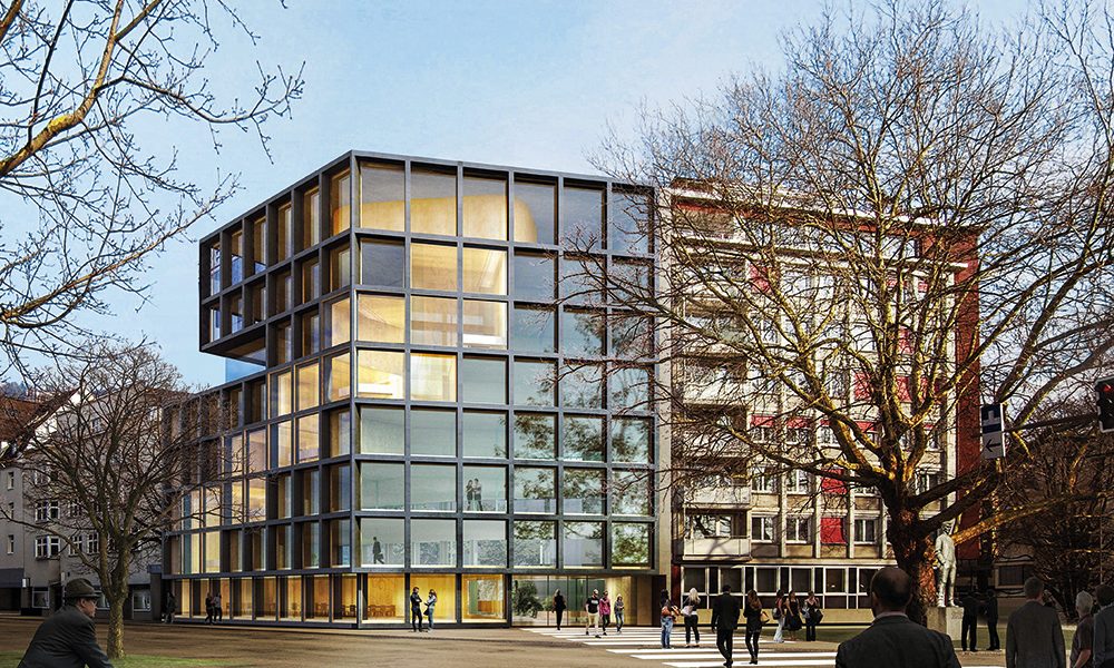 Visualisierung Neubau Vorarlberger Landes-Versicherung in Bregenz, modernes Gebäude mit großflächigen Glasfassaden